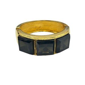 Vintage KJL Hinged Bangle Bracelet Chunky Gold Tone & Brown Topaz Glass Stones